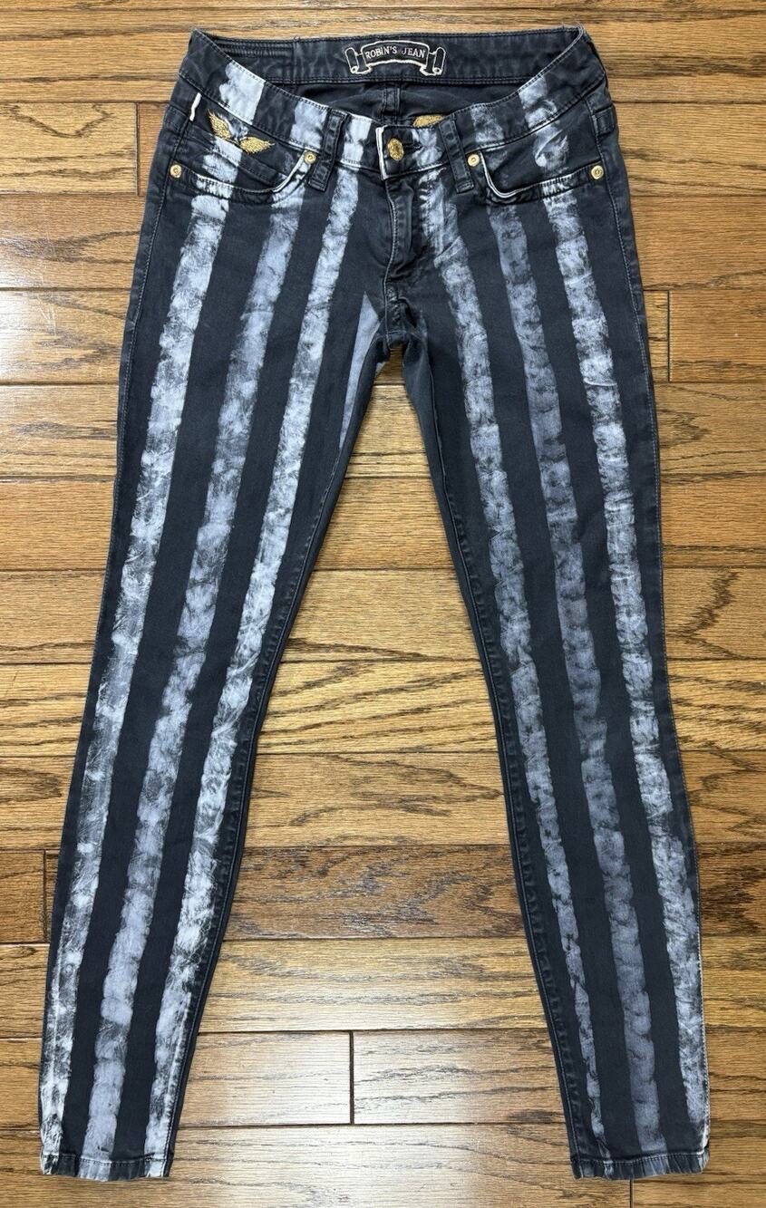 Robins Jean Marilyn Skinny Jeans Black White Stripe Gold Wings Womens Size 27